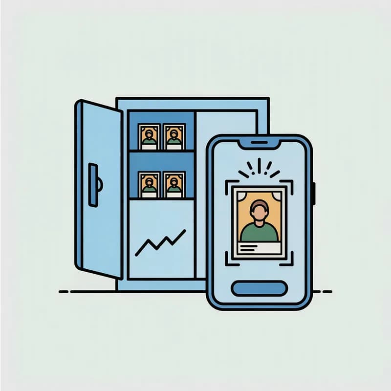 Illustration of a phone scanning a trading card next to an open locker of cards with a rising value chart
