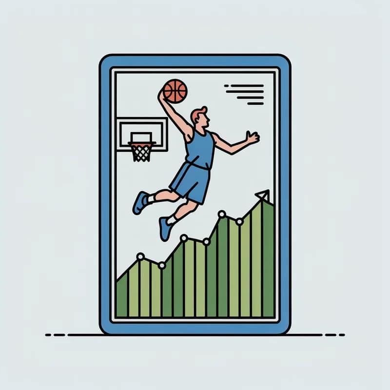 Illustration of a basketball trading card whose lower half dissolves into a rising line chart of its price
