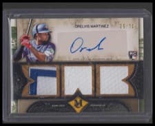 2025 Topps Museum Collection Single Player Signature Swatches Triple Relic Autographs Orelvis Martinez #SPTRA-OM card