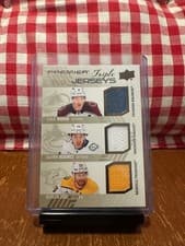 2024-25 Upper Deck Premier Premier Triple Jersey Cale Makar/Quinn Hughes/Roman Josi #PT-MHJ card