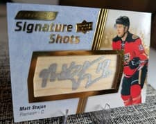 2024-25 Upper Deck Engrained Icons Signature Shots Manufactured Stick Relics Matt Stajan #SS-MJ card