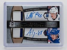 Elias Pettersson, Adam Gaudette 2020 Upper Deck The Cup 2018-19 Dual Signature Materials card
