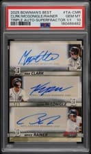 2025 Bowman's Best Triple Autographs Bryce Rainer/Kevin McGonigle/Max Clark #TA-CMR card
