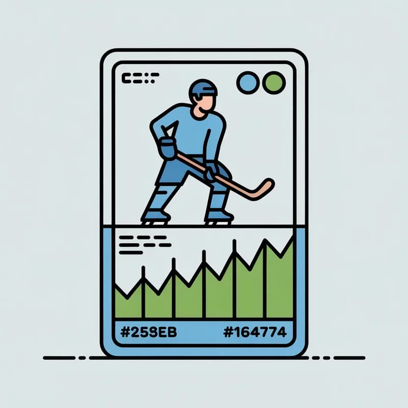 Illustration of a hockey trading card whose lower half dissolves into a rising line chart of its price