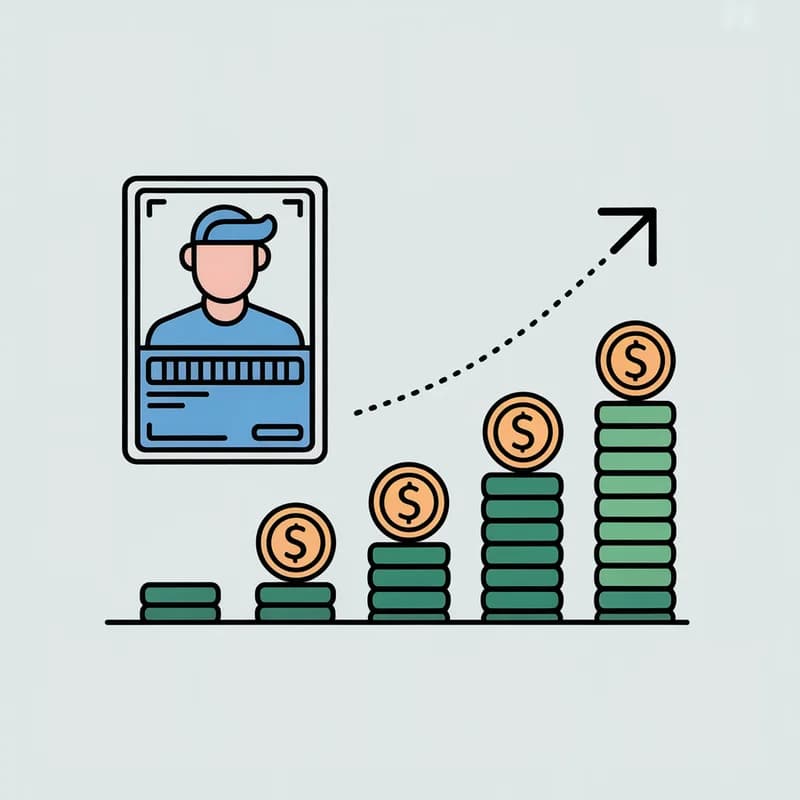 Illustration of a trading card price ladder: the same card shown at successive grades, each step higher than the last