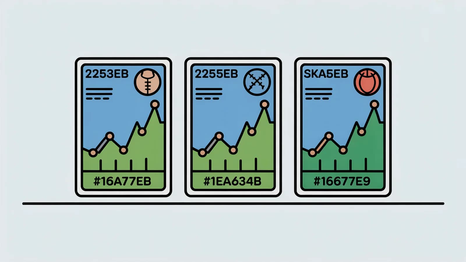 Illustration of a trading card whose lower half dissolves into a rising line chart of its price