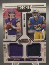 Blake Corum / J.J. McCarthy 2024 Panini Contenders Rookie Ticket Dual Swatch card
