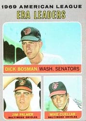 1970 Topps Base Set 1969 American League ERA Leaders (Dick Bosman / Jim Palmer / Mike Cuellar) #68 card