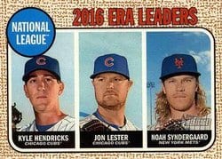 2017 Topps Heritage Base Set 2016 N.L. ERA Leaders (Kyle Hendricks / Jon Lester / Noah Syndergaard) #7 card