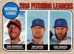 2017 Topps Heritage Base Set 2016 N.L. Pitching Leaders (Max Scherzer / Jon Lester / Jake Arrieta) #9 card