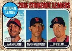 2017 Topps Heritage Base Set 2016 N.L. Strikeout Leaders (Max Scherzer / Madison Bumgarner / Robbie Ray) #11 card