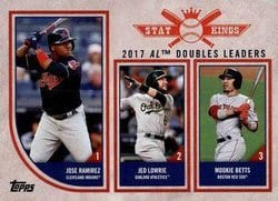 2018 Topps Big League Base Set 2017 AL Doubles Leaders (Jose Ramirez / Jed Lowrie / Mookie Betts) #308 card