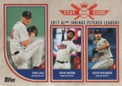 2018 Topps Big League Base Set 2017 AL Innings Pitched Leaders (Chris Sale / Ervin Santana / Justin Verlander) #328 card