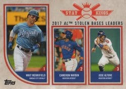 2018 Topps Big League Base Set 2017 AL Stolen Bases Leaders (Whit Merrifield / Cameron Maybin / Jose Altuve) #314 card