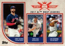 2018 Topps Big League Base Set 2017 AL WHIP Leaders (Corey Kluber / Chris Sale / Luis Severino) #330 card