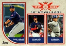 2018 Topps Big League Base Set 2017 AL Wins Leaders (Carlos Carrasco / Corey Kluber / Jason Vargas) #322 card