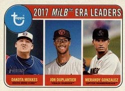 2018 Topps Heritage Minor League Base Set 2017 MiLB ERA Leaders (Dakota Mekkes / Jon Duplantier / Merandy Gonzalez) #199 card