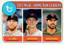 2018 Topps Heritage Minor League Base Set 2017 MiLB Home Run Leaders (A.J. Reed / Austin Hays / Renato Nunez) #191 card