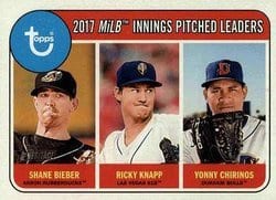 2018 Topps Heritage Minor League Base Set 2017 MiLB Innings Pitched leaders (Shane Bieber / Ricky Knapp / Yonny Chirinos) #197 card
