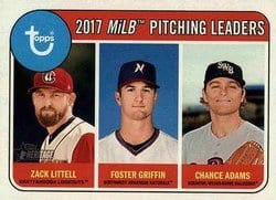 2018 Topps Heritage Minor League Base Set 2017 MiLB Pitching Leaders (Zack Littell / Foster Griffin / Chance Adams) #198 card
