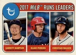 2018 Topps Heritage Minor League Base Set 2017 MiLB Runs Leaders (Garrett Hampson / Blake Perkins / Christian Walker) #193 card