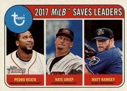 2018 Topps Heritage Minor League Base Set 2017 MiLB Saves Leaders (Pedro Beato / Nate Griep / Matt Ramsey) #196 card