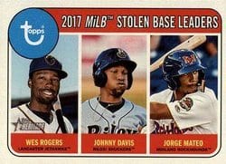 2018 Topps Heritage Minor League Base Set 2017 MiLB Stolen Base Leaders (Wes Rogers / Johnny Davis / Jorge Mateo) #192 card