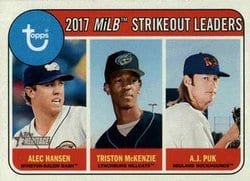 2018 Topps Heritage Minor League Base Set 2017 MiLB Strikeout Leaders (Alec Hansen / Triston McKenzie / A.J. Puk) #200 card
