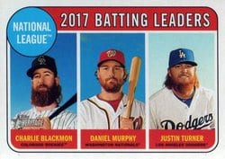 2018 Topps Heritage Base Set 2017 N.L. Batting Leaders (Charlie Blackmon / Daniel Murphy / Justin Turner) #2 card