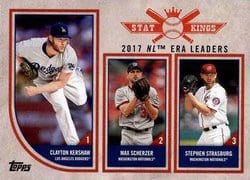 2018 Topps Big League Base Set 2017 NL ERA Leaders (Clayton Kershaw / Max Scherzer / Stephen Strasburg) #319 card