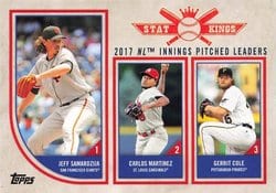 2018 Topps Big League Base Set 2017 NL Innings Pitched Leaders (Jeff Samardzija / Carlos Martinez / Gerrit Cole) #327 card