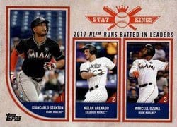 2018 Topps Big League Base Set 2017 NL Runs Batted In Leaders (Giancarlo Stanton / Nolan Arenado / Marcell Ozuna) #309 card