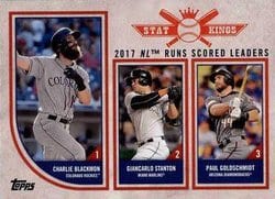 2018 Topps Big League Base Set 2017 NL Runs Scored Leaders (Charlie Blackmon / Giancarlo Stanton / Paul Goldschmidt) #303 card