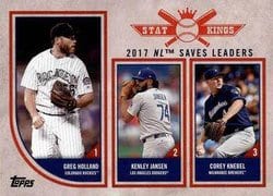 2018 Topps Big League Base Set 2017 NL Saves Leaders (Greg Holland / Kenley Jansen / Corey Knebel) #325 card