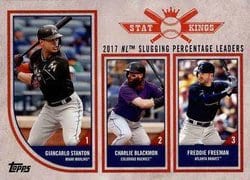 2018 Topps Big League Base Set 2017 NL Slugging Percentage Leaders (Giancarlo Stanton / Charlie Blackmon / Freddie Freeman) #317 card