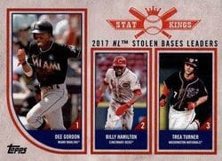 2018 Topps Big League Base Set 2017 NL Stolen Bases Leaders (Dee Gordon / Billy Hamilton / Trea Turner) #313 card