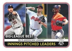 2020 Topps Big League Base Set 2019 American League Innings Pitched Leaders (Justin Verlander / Shane Bieber / Gerrit Cole) #263 card