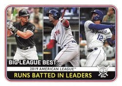2020 Topps Big League Base Set 2019 American League Runs Batted In Leaders (Jose Abreu / Xander Bogaerts / Jorge Soler) #245 card