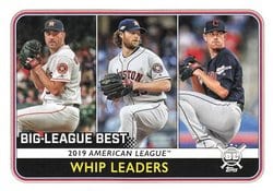 2020 Topps Big League Base Set 2019 American League WHIP Leaders (Justin Verlander / Gerrit Cole / Shane Bieber) #265 card