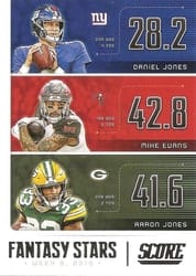 2020 Score Fantasy Stars Aaron Jones / Daniel Jones / Mike Evans #FS-DMA card