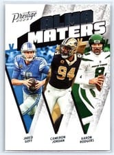 2023 Panini Prestige Alma Maters Aaron Rodgers, Cameron Jordan, Jared Goff #AM-9 card