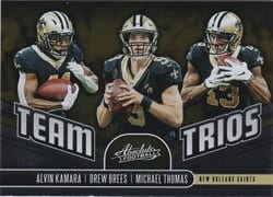 2019 Panini Absolute Team Trios Alvin Kamara / Drew Brees / Michael Thomas #TT-NO card