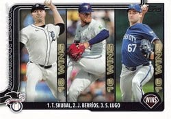2025 Topps Base Set American League Leaders Wins (Tarik Skubal / José Berríos / Seth Lugo) #151 card