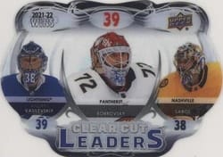 2022-23 Upper Deck Clear Cut League Leaders Andrei Vasilevskiy/Sergei Bobrovsky/Juuse Saros #CCL-BVS card