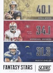 2020 Score Fantasy Stars Austin Ekeler / Drew Brees / Emmanuel Sanders #FS-DEA card