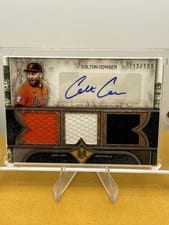 2025 Topps Museum Collection Single Player Signature Swatches Triple Relic Autographs Colton Cowser #SPTRA-CC card