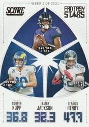 2022 Score Fantasy Stars Cooper Kupp / Lamar Jackson / Derrick Henry #FS2 card