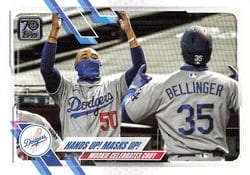 2021 Topps Base Set Hands Up! Masks Up! (Mookie Betts / Cody Bellinger) #303 card