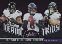 2019 Panini Absolute Team Trios Hayden Hurst / Lamar Jackson / Mark Ingram II #TT-BR card