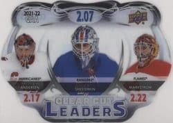 2022-23 Upper Deck Clear Cut League Leaders Igor Shesterkin/Frederik Andersen/Jacob Markstrom #CCL-MAS card